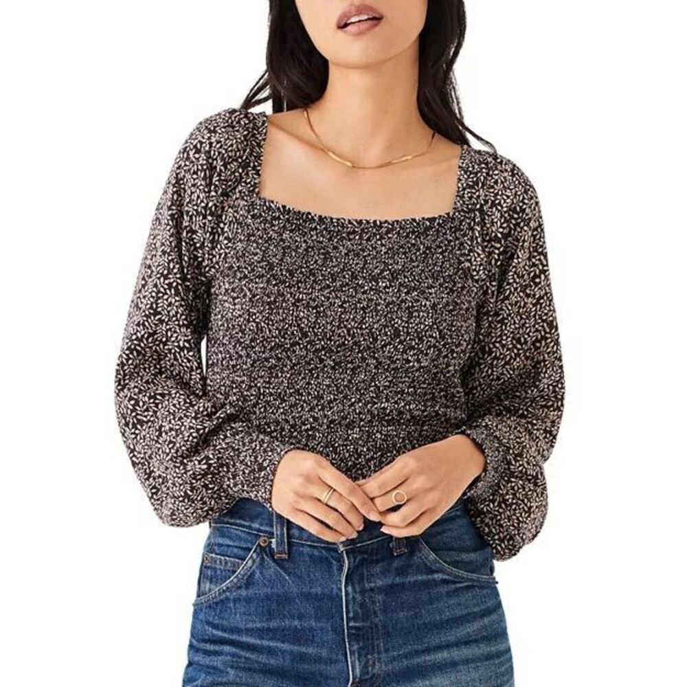Faherty Beatrice Smocked Top Size Xs Ditsy Floral Long Sleeve Black Cream